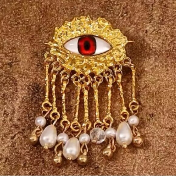Red Evil Eye Protection Pearl Dangle Earrings - Picture 3 of 7